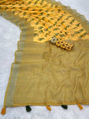 yellow linen cotton digital print saree with tassel pallu  2