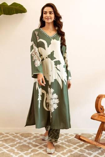 fern green printed cotton kurta sets