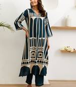 teal blue printed cotton kurta sets