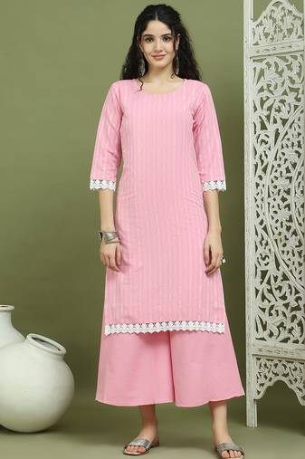 Lace work woven design straight kurta with palazzo
