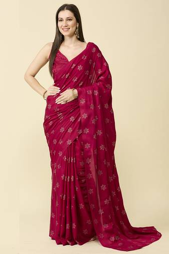 Blood red chiffon swarovski saree with embroidered blouse