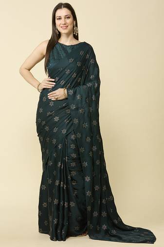 Teal green chiffon swarovski saree with embroidered blouse