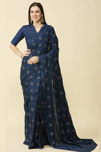 Navy blue chiffon swarovski saree with embroidered blouse