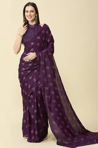 Purple chiffon swarovski saree with embroidered blouse