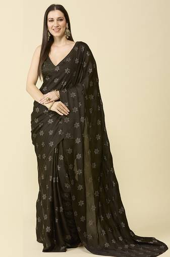 Dark olive chiffon swarovski saree with embroidered blouse