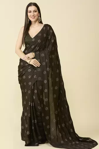 Dark olive chiffon swarovski saree with embroidered blouse