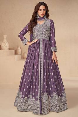 Dark purple chinon with sequin embroidery anarkali suit 1