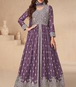 Dark purple chinon with sequence embroidery semi stitched anarkali suit