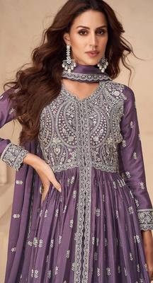 Dark purple chinon with sequin embroidery anarkali suit 2