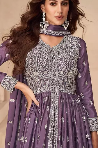 Dark purple chinon with sequin embroidery anarkali suit