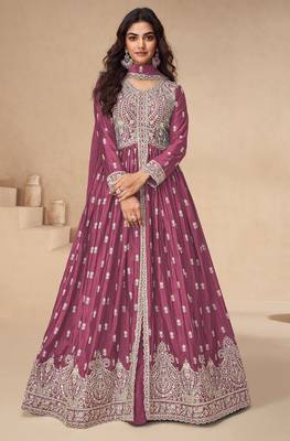 Magenta chinon with sequin embroidery anarkali suit 1