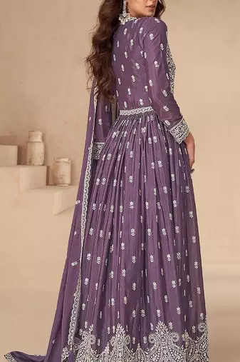 Dark purple chinon with sequin embroidery anarkali suit