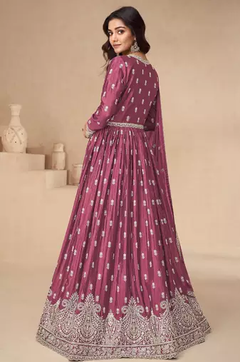 Magenta chinon with sequin embroidery anarkali suit