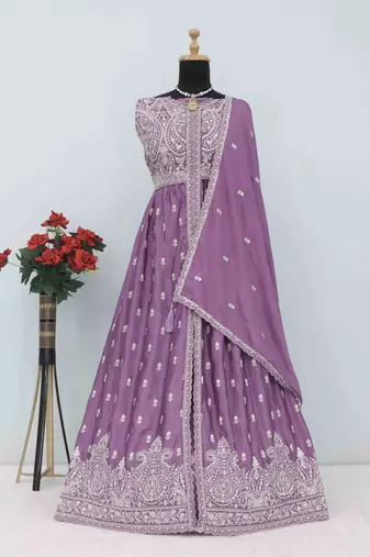 Dark purple chinon with sequin embroidery anarkali suit
