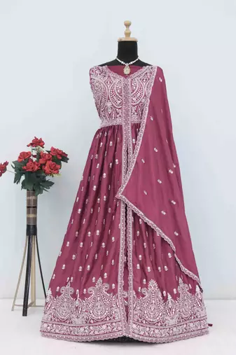Magenta chinon with sequin embroidery anarkali suit