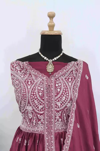 Magenta chinon with sequin embroidery anarkali suit