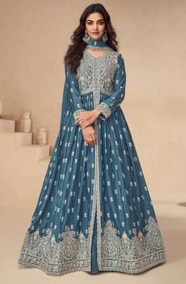 Teal chinon with sequin embroidery anarkali suit 1