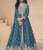 Teal chinon with sequence embroidery semi stitched anarkali suit