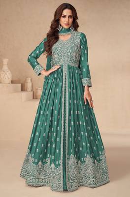 Green chinon with sequin embroidery anarkali suit 1