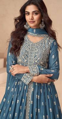 Teal chinon with sequin embroidery anarkali suit 2