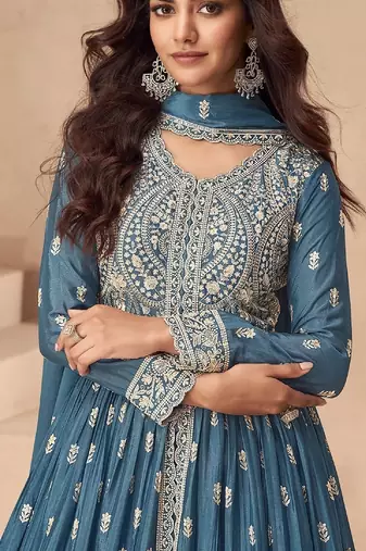Teal chinon with sequin embroidery anarkali suit