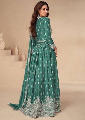 Green chinon with sequin embroidery anarkali suit 2
