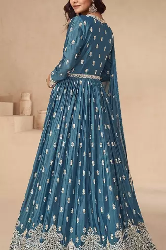Teal chinon with sequin embroidery anarkali suit