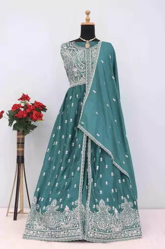Green chinon with sequin embroidery anarkali suit