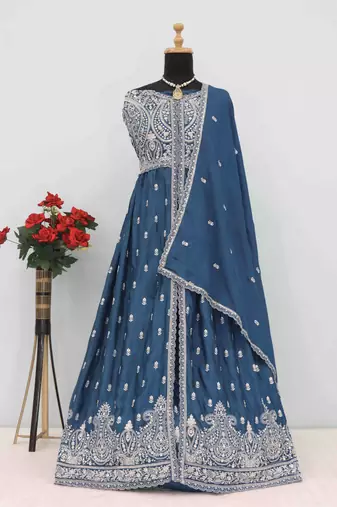 Teal chinon with sequin embroidery anarkali suit
