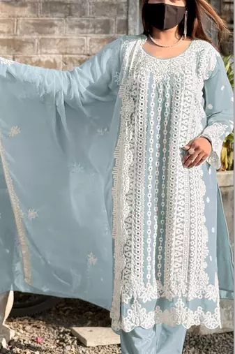 Sky blue fox georgette embroidered semi stitched salwar suit