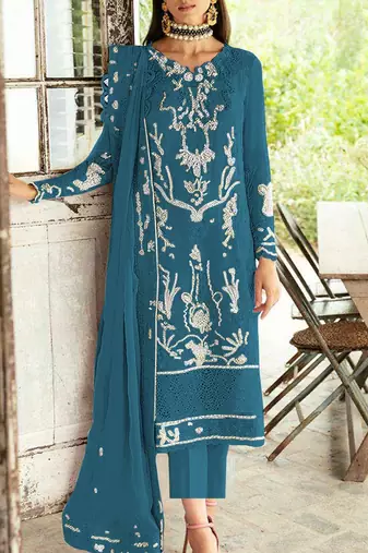 Teal fox georgette embroidered semi stitched salwar suit