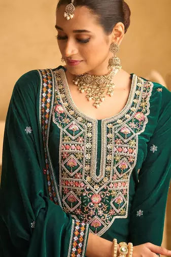 Green embroidered velvet salwar suit