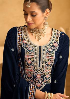 Blue embroidered velvet salwar suit 2