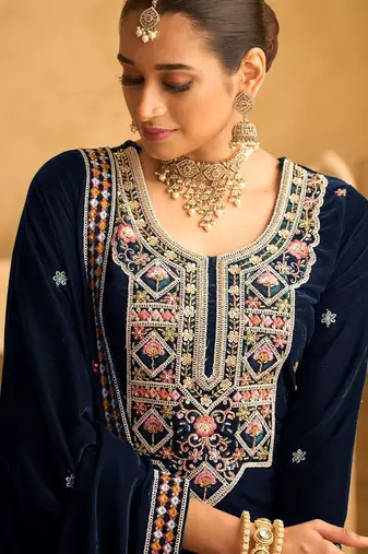 Blue embroidered velvet salwar suit
