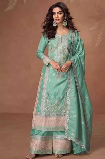 vichitra silk light green heavy embroidered straight suit for women