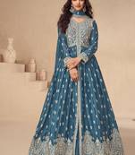  slit blue chinon anarkali set for women