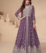 Front slit lilac chinon anarkali set for women