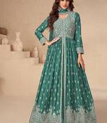 Front slit green chinon anarkali set for women