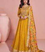 yellow chinon anarkali set for women