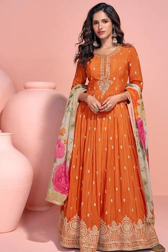 Orange chinon anarkali set for women