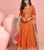 Orange chinon anarkali set for women