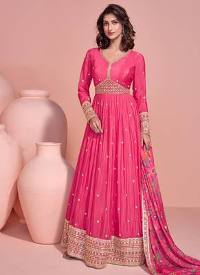 Pink chinon anarkali set for women 1