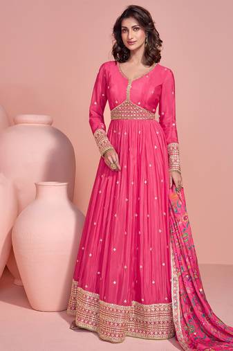Pink chinon anarkali set for women
