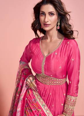 Pink chinon anarkali set for women 2
