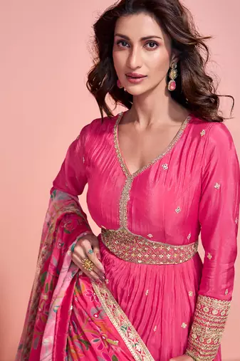 Pink chinon anarkali set for women