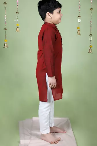 Maroon cotton woven boys kurta pyjama