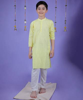 Yellow cotton woven boys kurta pyjama 1