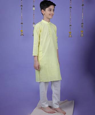 Yellow cotton woven boys kurta pyjama 2