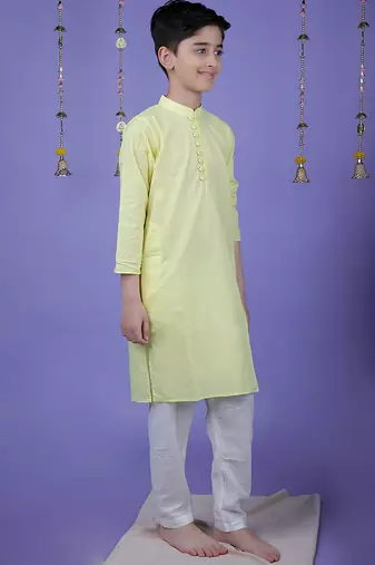 Yellow cotton woven boys kurta pyjama