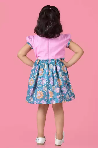 Pink cotton woven dress for girls